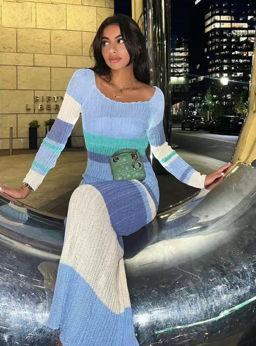 Women Sexy Beach Evening Party Knitted Off Shoulder Long Sleeve Bodycon Long Dresses Casual 2025 Summer Y2K Maxi Dress