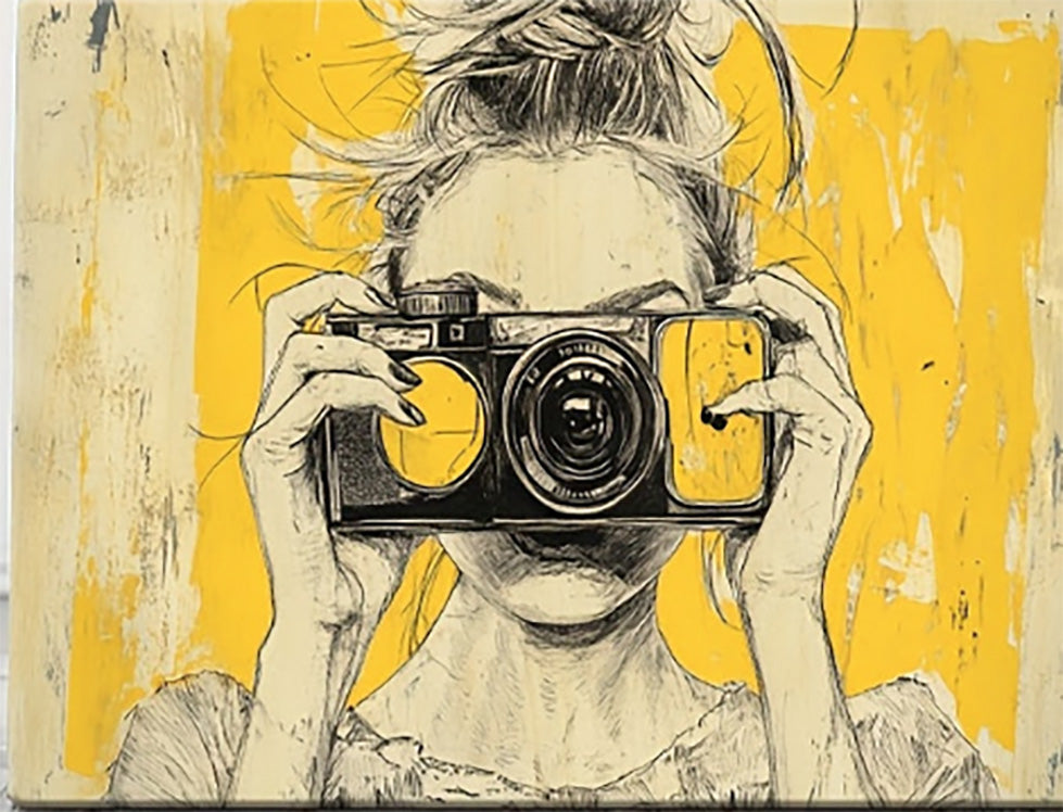 A wooden frame painting A woman with her hair tied in a bun, wearing Fashion Glasses, holding a retro camera. Suitable as decorative art in living rooms, bedrooms and bathrooms.