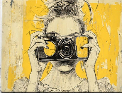 A wooden frame painting A woman with her hair tied in a bun, wearing Fashion Glasses, holding a retro camera. Suitable as decorative art in living rooms, bedrooms and bathrooms.