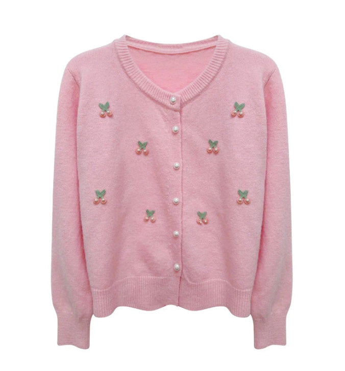 Sweet Embroidery Cherry Pearls Beading Women's Sweater Coat Autumn Winter Vintage O-Neck Long Sleeve Knitted Cardigan Mujer Tops