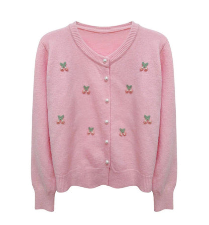 Sweet Embroidery Cherry Pearls Beading Women's Sweater Coat Autumn Winter Vintage O-Neck Long Sleeve Knitted Cardigan Mujer Tops