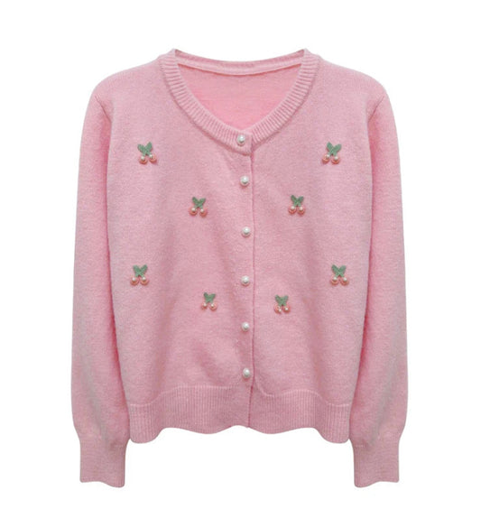 Sweet Embroidery Cherry Pearls Beading Women's Sweater Coat Autumn Winter Vintage O-Neck Long Sleeve Knitted Cardigan Mujer Tops
