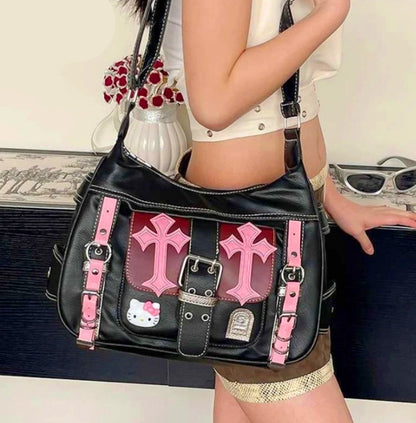 Hello Kitty Gothic Punk Vintage Pink Cross Chains Crossbody Bag Y2k Trend Tote Bag