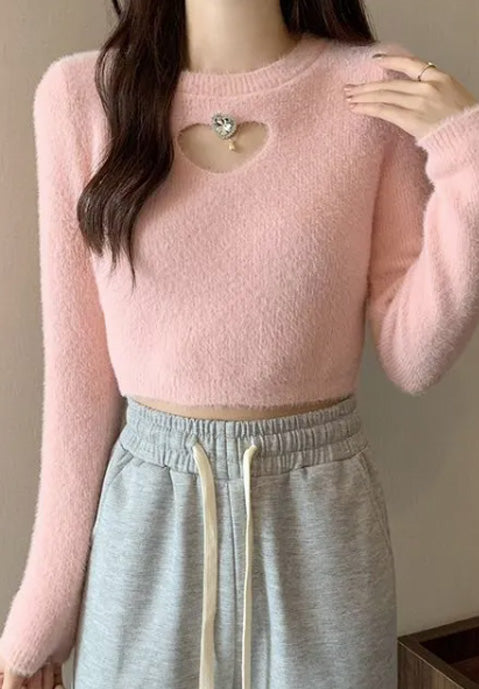Women's Knitted Pullover Sweater Sexy Hollow Heart Cropped Sweater Jumper Tops Soft Long Sleeve Heart Sweater