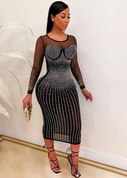 Mesh See Though Hot Rhinestone Plunging V-neck Midi Bodycon Dress Women Sexy Club Party Dresses Vegas Dress Bling Dress
