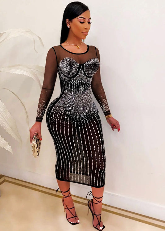 Mesh See Though Hot Rhinestone Plunging V-neck Midi Bodycon Dress Women Sexy Club Party Dresses Vegas Dress Bling Dress