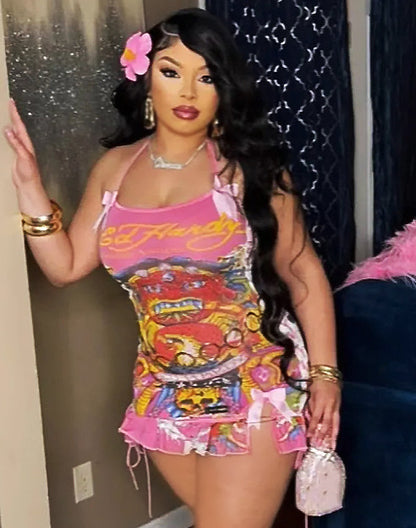 Playful Ed Hardy in Pink 90's Tattoo Art Summer Women's Sexy Print Halter Backless Side Tie