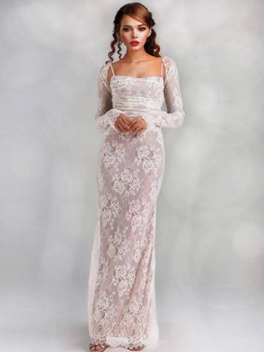 Apricot or Black Floral Lace Dress for Women Long Sleeve Short Top Straps Sleeveless Bodycon Corset Back Dress Sexy Sets Cute Fashion