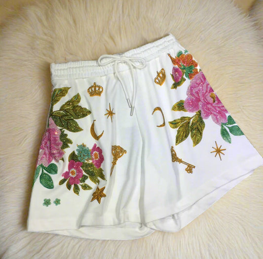 Women's Sweat Shorts Rhinestone Elastic Tie Waist Bottoms Casual Flower Short