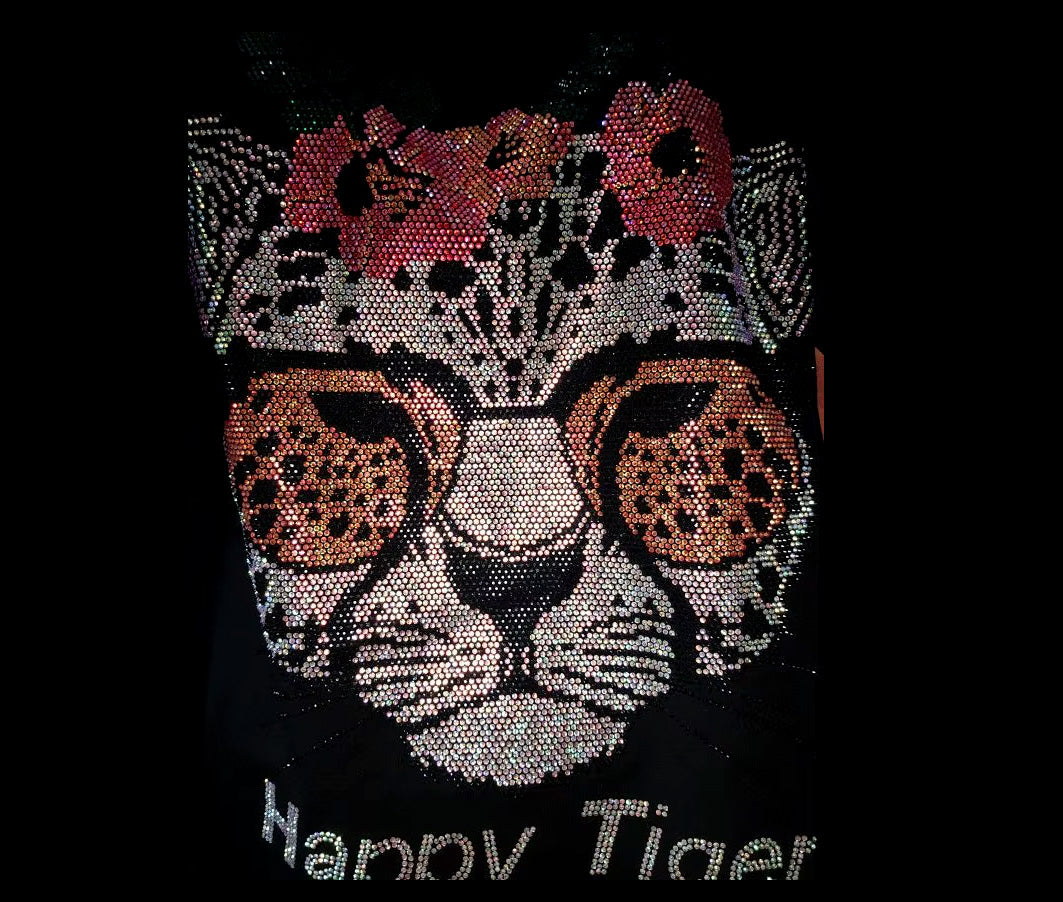 Happy Tiger Fashion Rhinestone 3D Tiger Wearing Sunglasses With Flowers Cut Mesh Sleeves Pullover Oversized Short Sleeve Cotton Top Bling