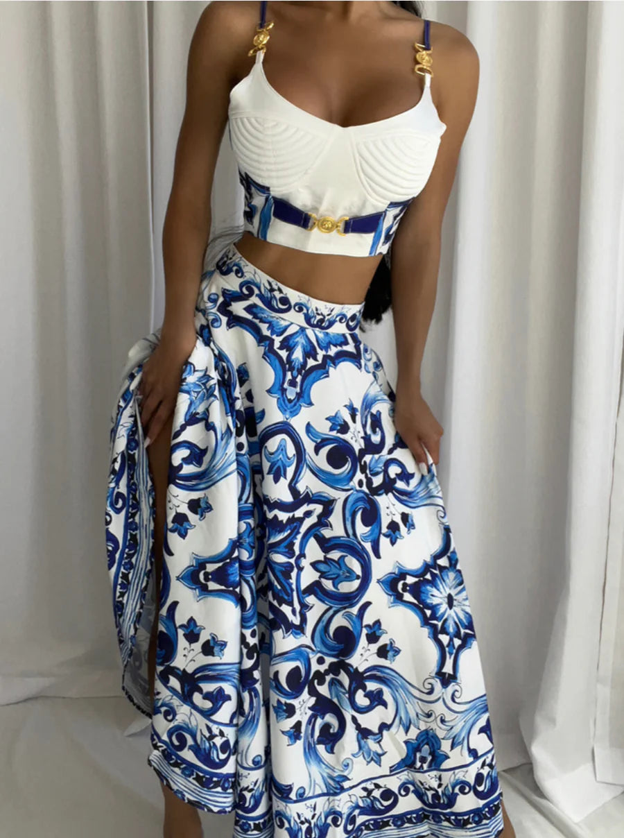 New Floral Blue Suspender Skirt And Swing Dress Two-Piece Set 2 Piece Sets Women Outfit New In Matching Sets Women's Clothing Sales Runway Model Summer Dress