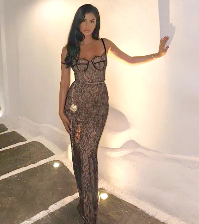 Floral Lace Slip Dress Backless Patchwork Mesh Slit Sexy Bodycon Maxi Prom Party Dress