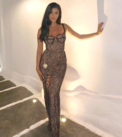 Floral Lace Slip Dress Backless Patchwork Mesh Slit Sexy Bodycon Maxi Prom Party Dress