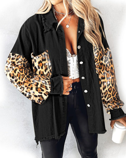 Women’s Turn-down Collar Jackets Contrast Leopard Sequin Patchwork Long Sleeve Jacket Top Button Front Raw Hem Shacket
