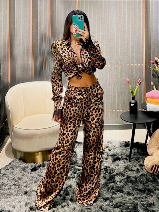 Leopard Print Women Two Piece Set Outfits Fashion Long Sleeve Shirts Wide Leg Pants Set