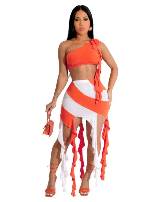 Summer Ruffles Sexy Two 2 Pieces Sets Women Stripe Tassel Skirts and Flower Skew Collar Crop Top Y2k Club Party Outfits