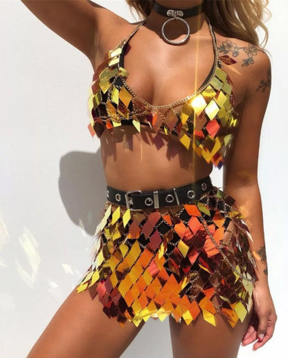 Festival Queen Women's Sequined Crop Top and Mini Skirt Set Handcrafted Patchwork Party Outfits Clubwear Sexy 2 Pcs Rave Dress