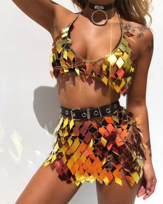 Festival Queen Women's Sequined Crop Top and Mini Skirt Set Handcrafted Patchwork Party Outfits Clubwear Sexy 2 Pcs Rave Dress