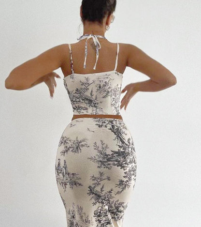 Sexy Corset White Halter Floral Print Corset Crop Tops And Wrap High Waist Midi Skirt Dress Two Piece Set Summer Outfits Hamptons Outfit