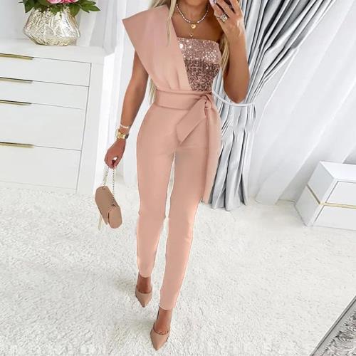 New Posh Women's One Shoulder Sequin Jumpsuit Solid Color Cut-out Design Belt Tie Decoration Classy Romper
