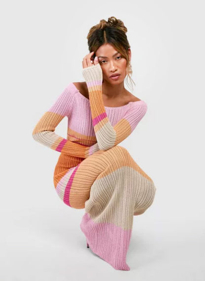 Women Sexy Beach Evening Party Knitted Off Shoulder Long Sleeve Bodycon Long Dresses Casual 2025 Summer Y2K Maxi Dress