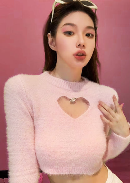 Women's Knitted Pullover Sweater Sexy Hollow Heart Cropped Sweater Jumper Tops Soft Long Sleeve Heart Sweater