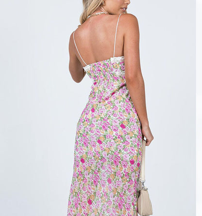 Floral Print Lace Trim Spaghetti Strap Long Dress Elegant Bodycon Tank Dress Sleeveless Maxi Dress Summer Streetwear