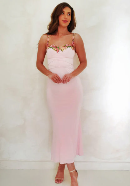 Pink Flower Elegant Party LOVE Floral Dress Spring Summer Beading Sexy Vintage Fashion Elegant Bodycon Long Party Dress Wedding Dress