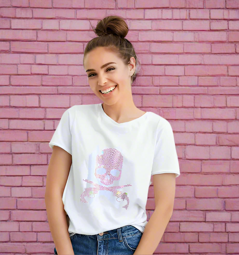 "Pink Skull" Western T shirt Rhinestone T-shirt Casual Summer Top's Rock Tee's Skull T Shirts