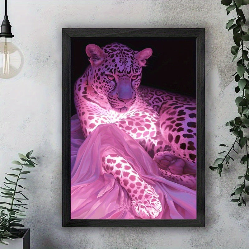 1pc Pink Glowing Leopard Black Framed Canvas Prints Poster Wood Frame Wall Art for Birthday Party Decor Home Living Room Office Wall Decor Perfect Gift