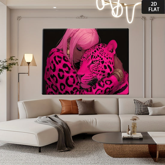 2D Flat 1pc Modern Art Deco Poster  Pink Leopard Woman Portrait with Framed Canvas Edge Waterproof Black  Pink Wall Decor  ReadytoHang Painting for Living Room Bedroom Home Office  Unique Gift Idea for Modern Spaces Bold Artwork Highquality Pr