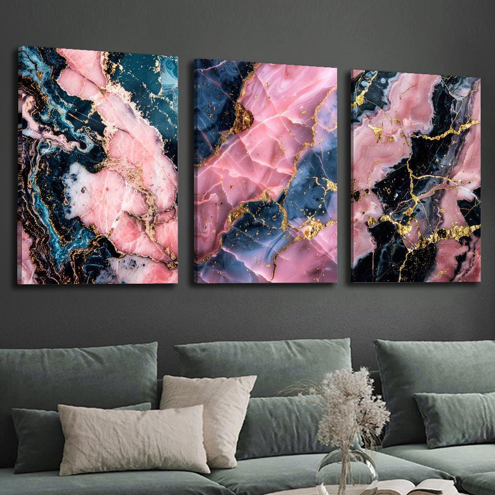 2D Flat 3pcs Wood Frame Canvas Print Decorative Painting Abstract pink and Golden marble texture art luxury Golden fluid creative poster Indoor home wall decoration art 2D Flat