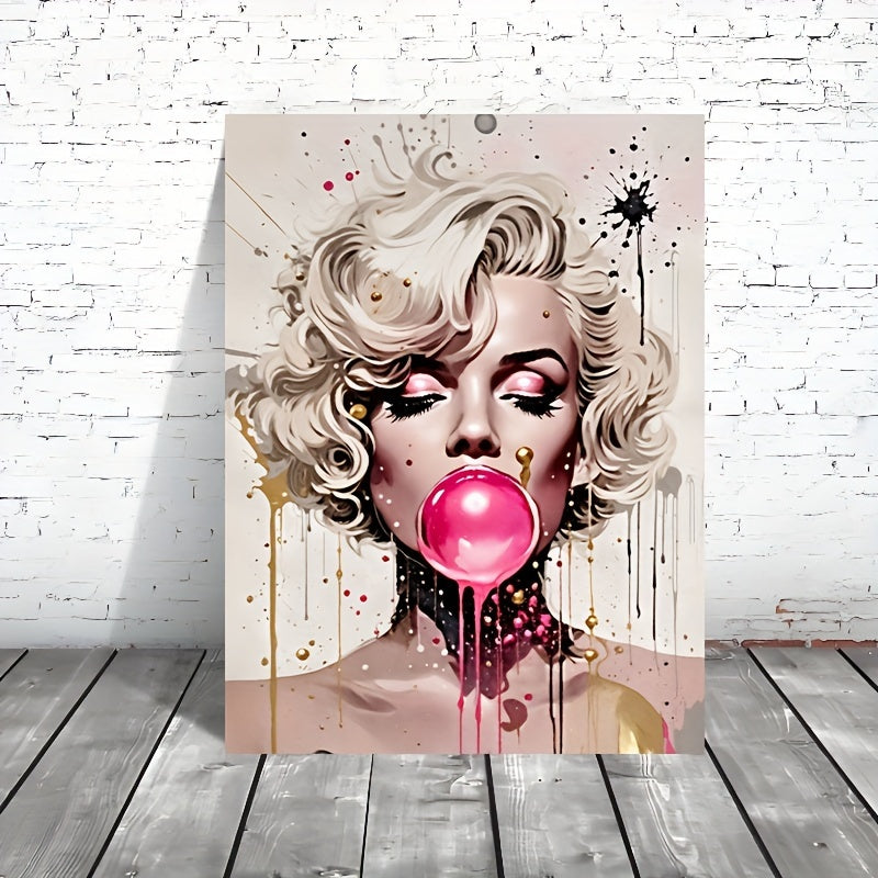 1pc Frameless Golden Hair Beauty Blowing Bubble Gum Art Canvas Fashion Poster For WC Living Room Bedroom Office Restaurant Bar Waterproof Perfect Gift And Decoration 12x16in