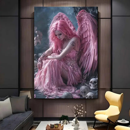 1pc Pink Haired Angel with Skulls Canvas Wall Art  Modern Minimalist Gothic Decor Wood Framed Art Deco Print for Living Room Bedroom Office Kitchen  Unique Birthday Gift  Spring Home Decoration