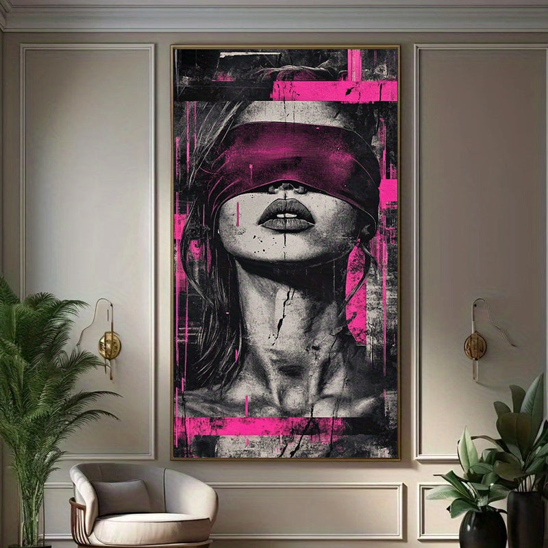 2D Flat Contemporary Abstract Female Portrait Canvas Art Print 2756 x 5512  Modern Pink  Black Wall Decor for Living Room Bedroom or Hallway Large Frameless Poster Large Canvas Wall Art
