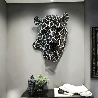 Decorative Art Black And White Leopard Head Wall Sculpture Resin Animal Statue Living Room Office Corridor Background Wall Bar Decorative Pendant Statue No Electricity Required No Feathers