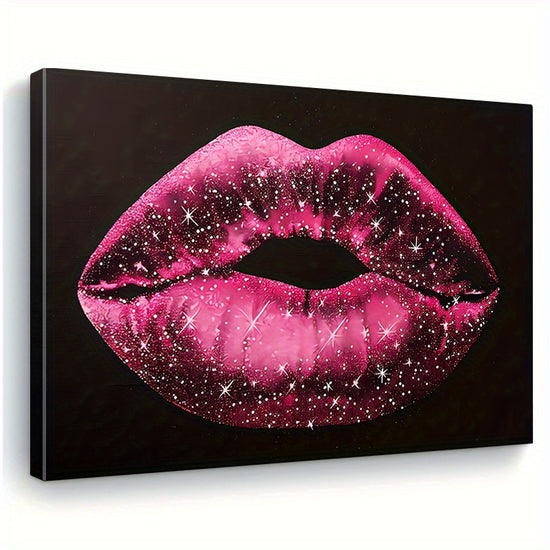 Chic Black  Pink Lip Print Canvas Art with Wooden Frame  Elegant Wall Decor for Living Room Bedroom Kitchen or Office  Perfect Gift Idea Living Room ArtworkGlamorous StylePine Wood Frame Wall Art Decor