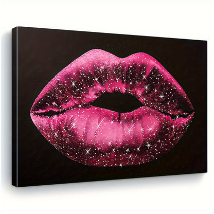 Chic Black  Pink Lip Print Canvas Art with Wooden Frame  Elegant Wall Decor for Living Room Bedroom Kitchen or Office  Perfect Gift Idea Living Room ArtworkGlamorous StylePine Wood Frame Wall Art Decor