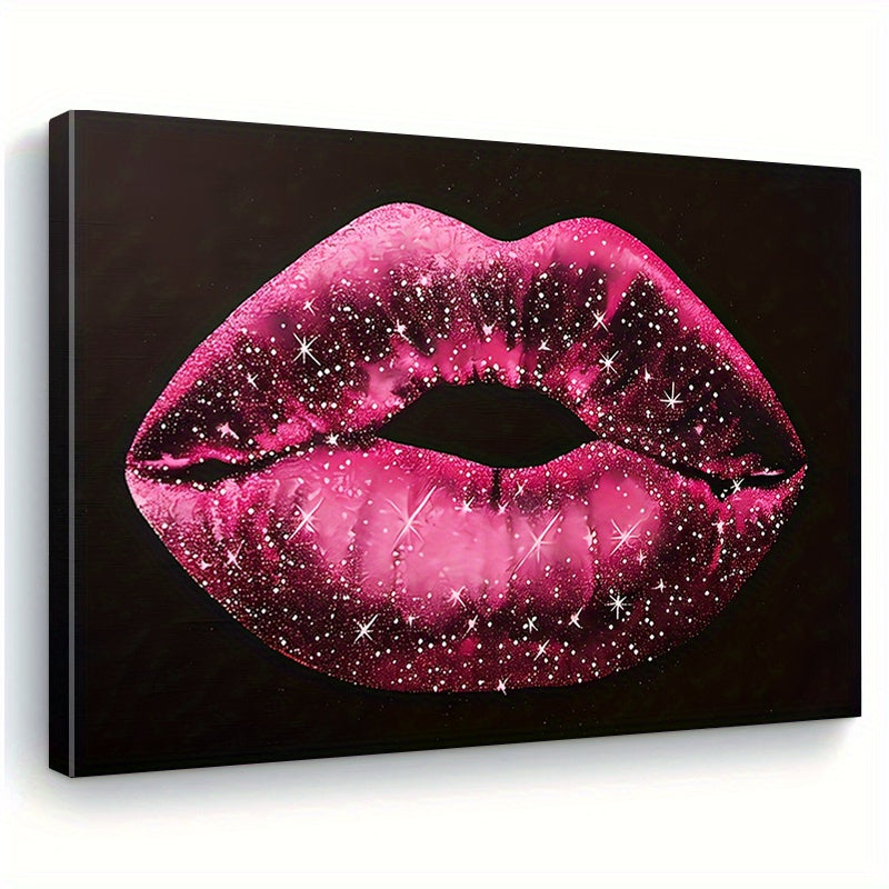 Chic Black  Pink Lip Print Canvas Art with Wooden Frame  Elegant Wall Decor for Living Room Bedroom Kitchen or Office  Perfect Gift Idea Living Room ArtworkGlamorous StylePine Wood Frame Wall Art Decor