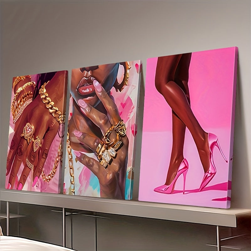 3pcs Pink Fashion Black Girl Canvas Wall Art African American Wall Decor Pictures Gorgeous Black Girl Posters Prints for Living Room Bedroom Artwork Home Wall Decor Framed