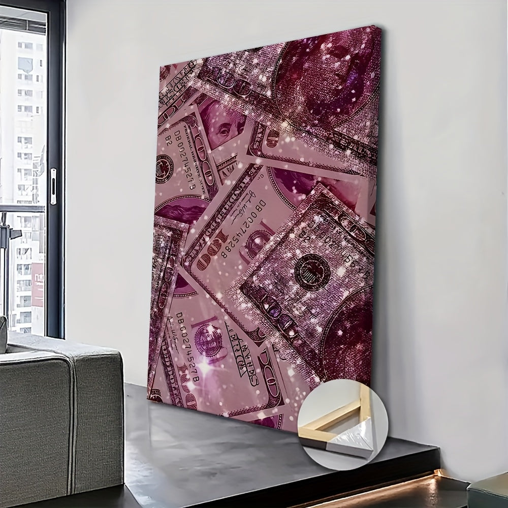 1pc Vibrant Minimalist Canvas Poster Sparkling Pink Glitter Money Art Poster Room Decoration Home Christmas Decoration Bedroom Decoration ValentineS Day Gift  Framed