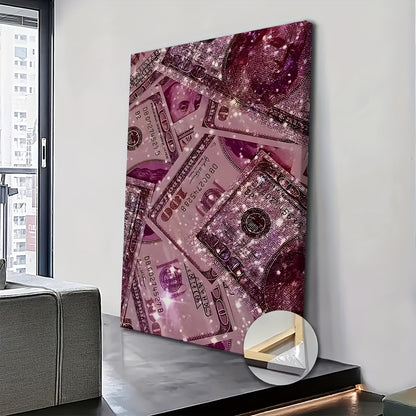 1pc Vibrant Minimalist Canvas Poster Sparkling Pink Glitter Money Art Poster Room Decoration Home Christmas Decoration Bedroom Decoration ValentineS Day Gift  Framed
