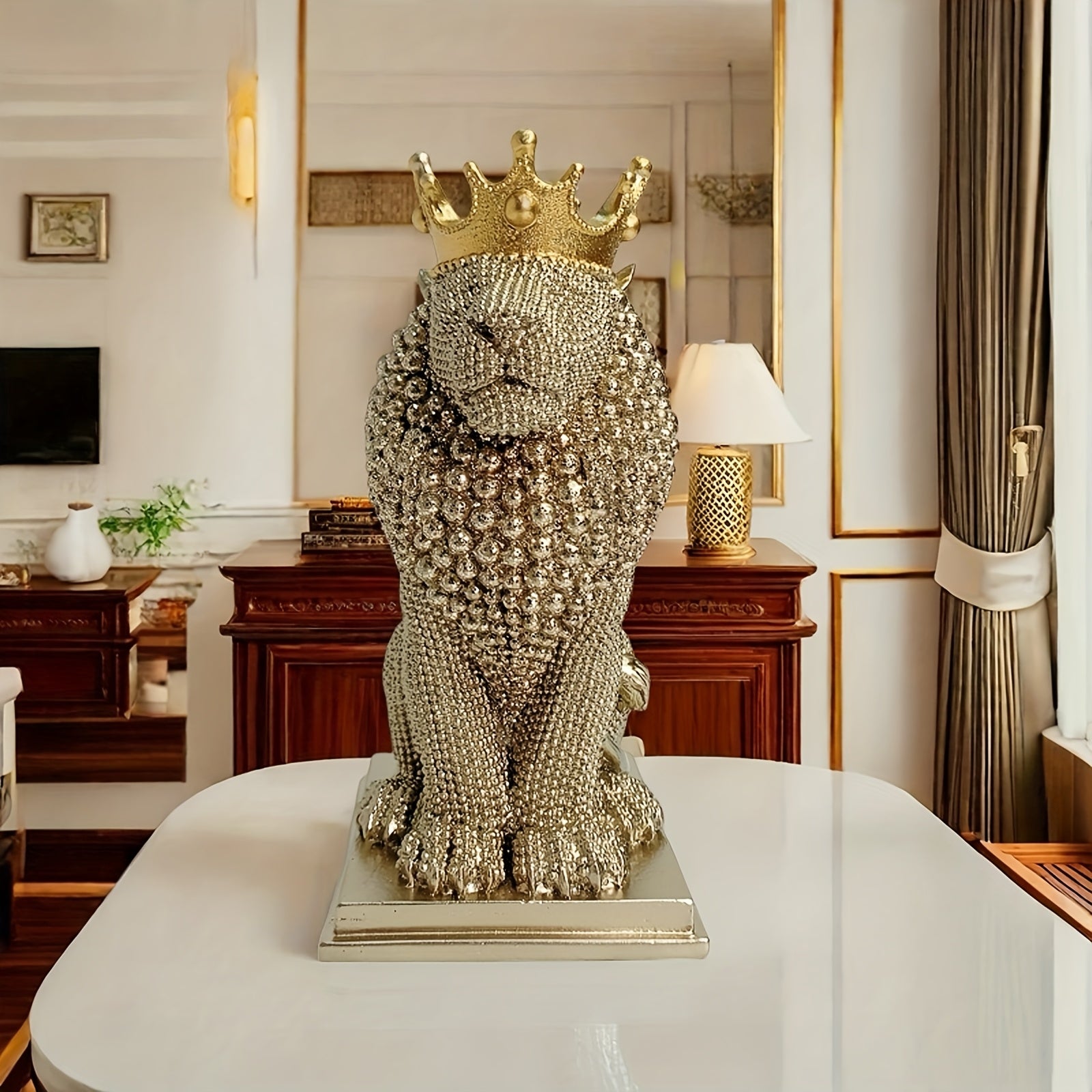 Elegant Resin Lion Statue with Crown Ideal for Fireplace Display and Bookshelf Decor in Living Room or Office Magnificent Animal Sculpture Perfect for New Years and Various Holiday Gifts