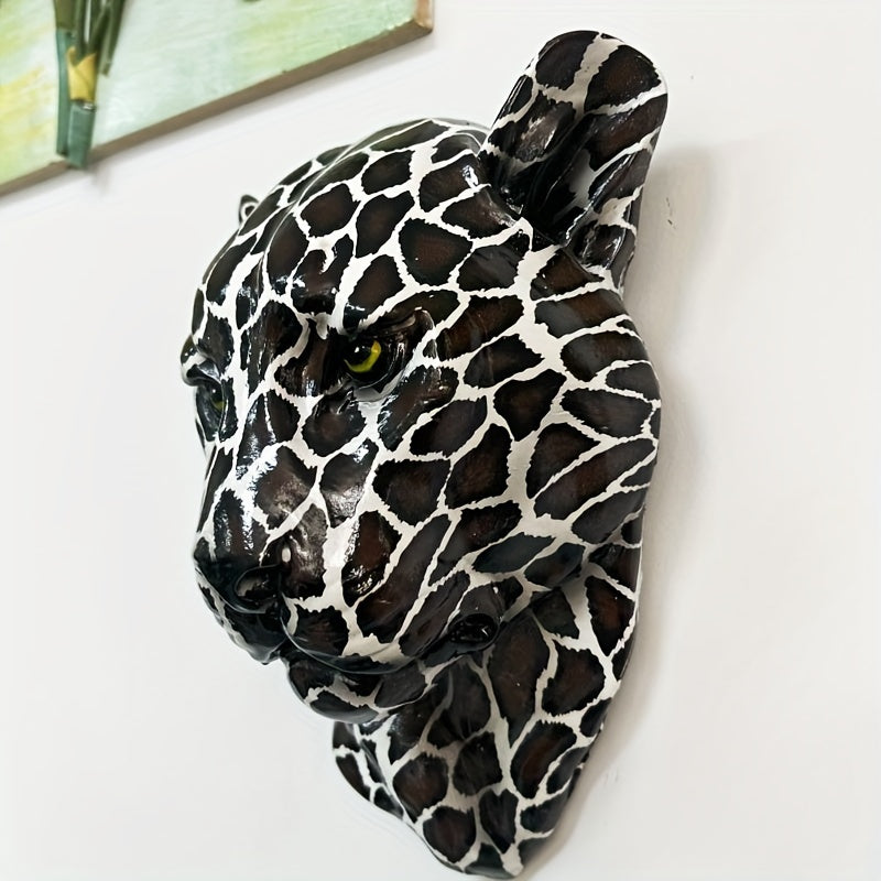 Decorative Art Black And White Leopard Head Wall Sculpture Resin Animal Statue Living Room Office Corridor Background Wall Bar Decorative Pendant Statue No Electricity Required No Feathers
