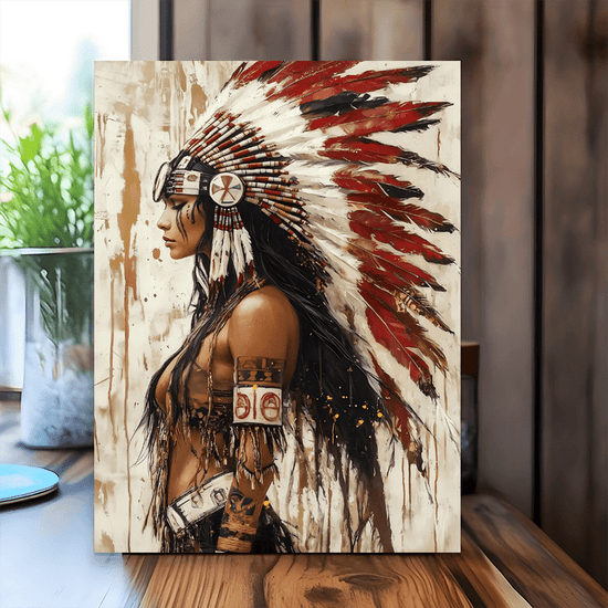 1pc Native American Woman Canvas Wall Art with Wooden Frame  Tribal Feathered Headdress Indigenous Portrait Poster for Living Room  Bedroom Decor Cultural Home Accent Cultural Wall ArtTraditional AttireIntricate Detailing Native American Decor