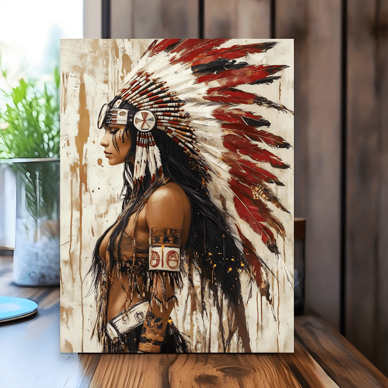 1pc Native American Woman Canvas Wall Art with Wooden Frame  Tribal Feathered Headdress Indigenous Portrait Poster for Living Room  Bedroom Decor Cultural Home Accent Cultural Wall ArtTraditional AttireIntricate Detailing Native American Decor