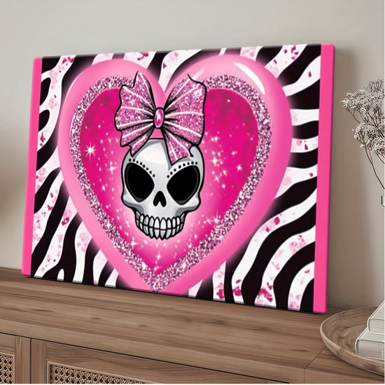 2D Flat 1pc Framed Canvas Wall Art  Pink Heart Glitter  DiamondEncrusted Skull Design Zebra Stripe Background Wooden WrapAround Frame Art Deco Style for Bedroom Living Room Office Decor Highdefinition Print 2D Flat