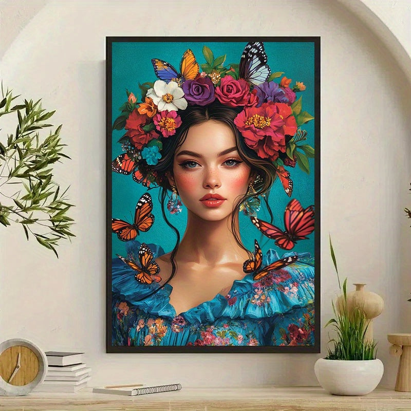 1pc Frameless Canvas Poster  Elegant Woman with Floral and Butterfly Hair Vibrant Wall Art for Living Room Bedroom Office  Ideal Gift Choice Bedroom ArtworkFloral Pattern ArtFrameless Canvas