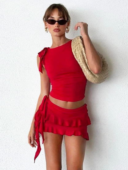 Super Cute Red Women's Halter Lace-up Two Piece Top & Skirt Set Ruffle Mini Skirt