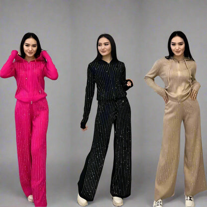 Fashion Rhinestone Knit 2 Piece Set Casual Hooded Sweater Spring Women Wide Leg Pants Ensemble